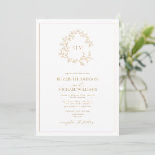 Invitation Mariage de monogramme de crête dorée QR Code