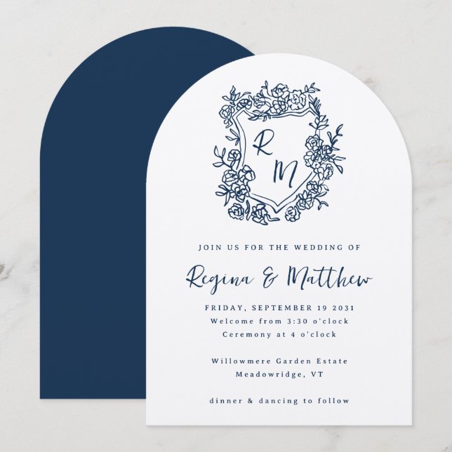 Invitation Mariage de monogramme de crête florale bleu marine (Devant / Derrière)