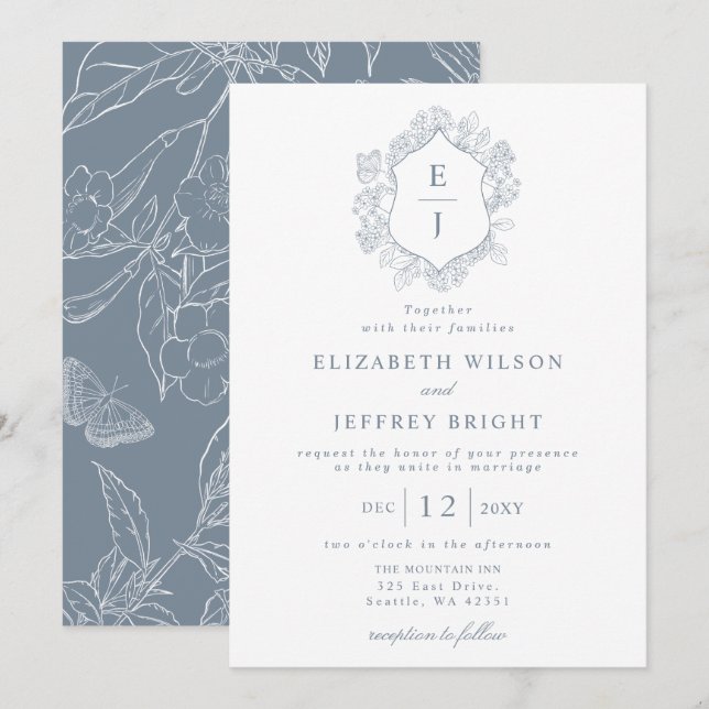 Invitation Mariage de monogramme de crête florale bleu-poussi (Devant / Derrière)