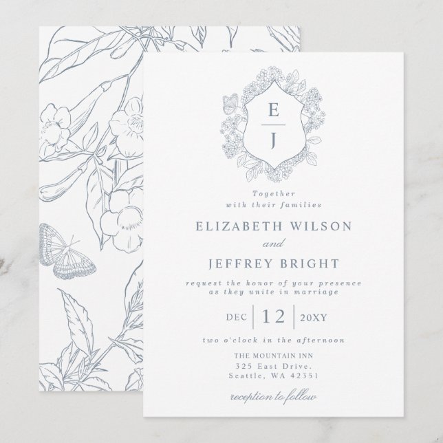 Invitation Mariage de monogramme de crête florale bleu-poussi (Devant / Derrière)