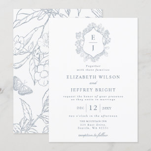 Invitation Mariage de monogramme de crête florale bleu-poussi