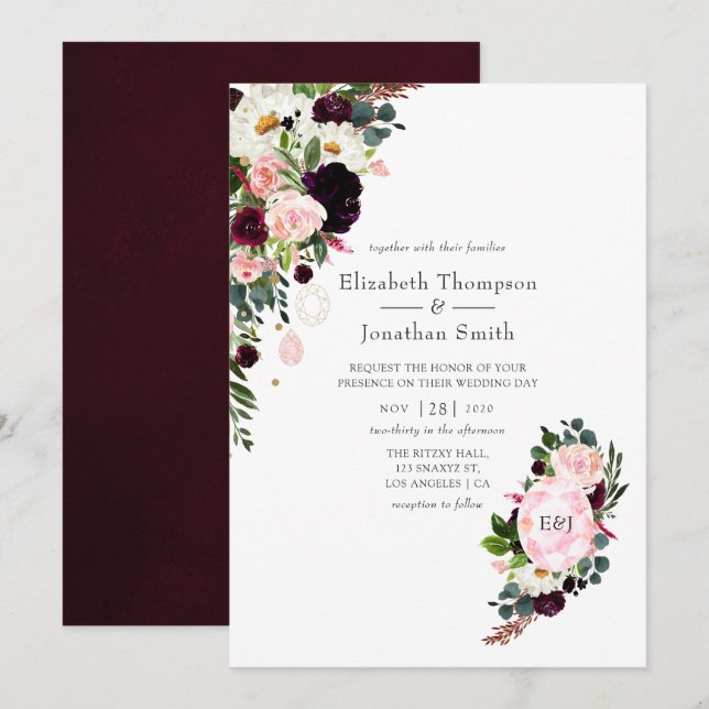 Invitation Mariage de monogramme de diamants rose bordeaux et (Devant / Derrière)