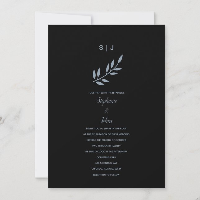 Invitation Mariage de monogramme de feuille bleue noir Dusty  (Devant)