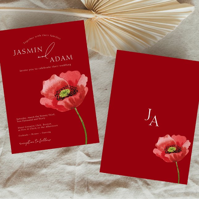 Invitation Mariage de monogramme de fleurs de pavot rouge Cri (Crimson Red Poppy Floral Monogram Wedding Invitation)