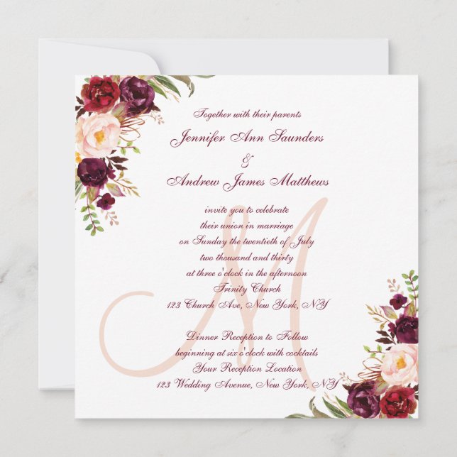 Invitation Mariage de monogramme de la florale rouge de Bourg (Dos)