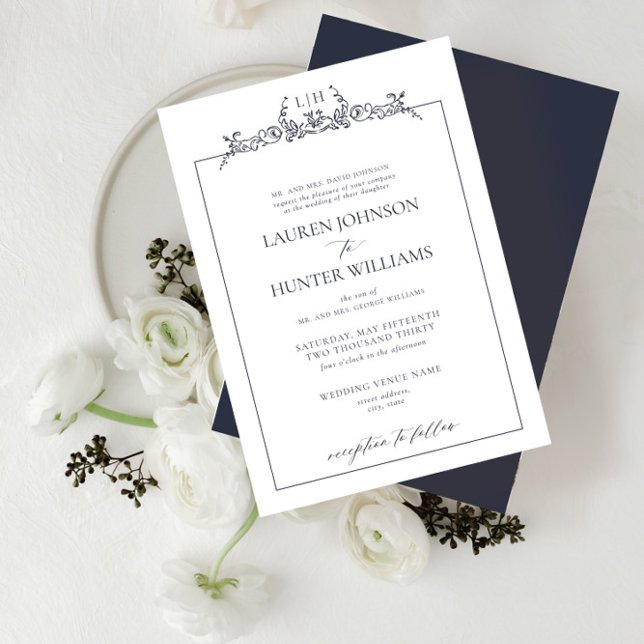 Invitation Mariage de monogramme de la frontière florale bleu (Créateur téléchargé)