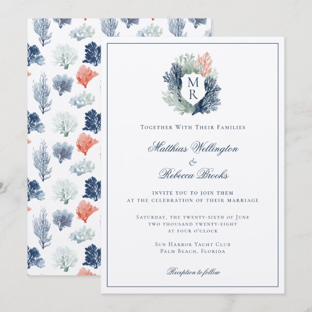 Invitation Mariage de Monogramme de plage marine (Devant / Derrière)