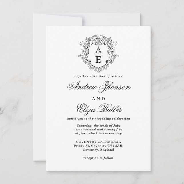 Invitation Mariage de monogramme de poitrine noire et blanche (Devant)