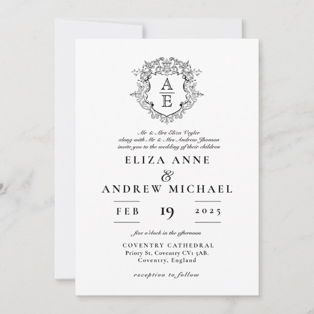 Invitation Mariage de monogramme de poitrine noire et blanche (Devant)