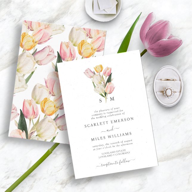 Invitation Mariage de monogramme de printemps (Watercolor Monogrammed Spring and Summer Tulip Wedding Invitation by Painted Paperie)
