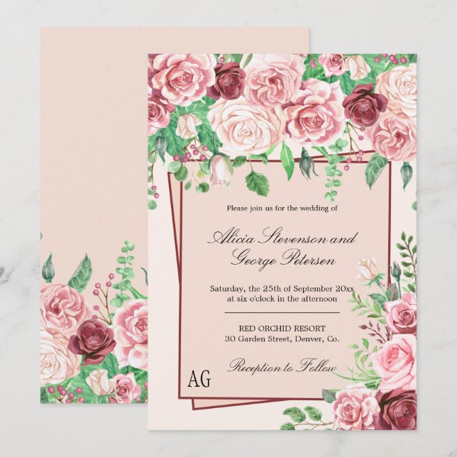 Invitation Mariage de monogramme de roses roses roses bleues  (Devant / Derrière)