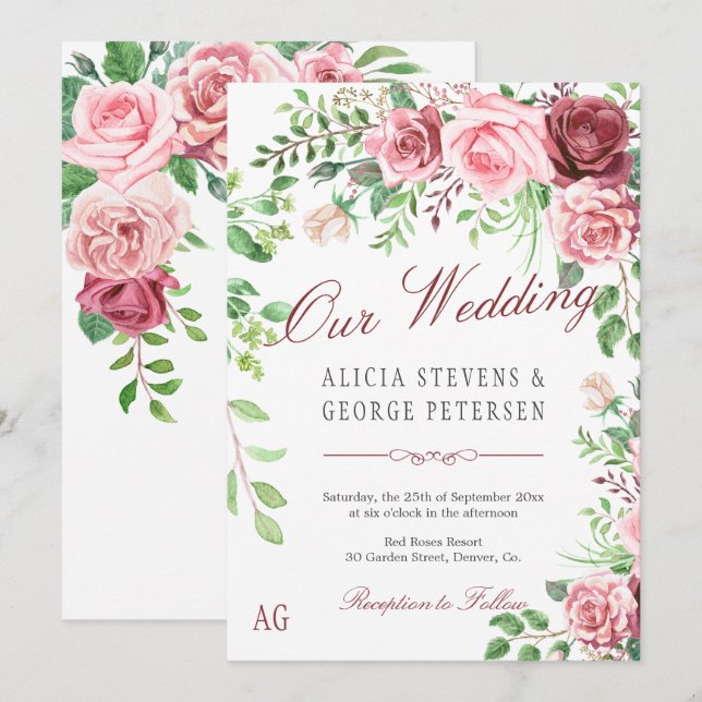 Invitation Mariage de monogramme de roses roses roses roses r (Devant / Derrière)