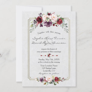 Invitation Mariage de monogramme d'or Floral Royal Bourgogne