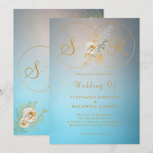 Invitation Mariage de monogramme d'or Turquoise