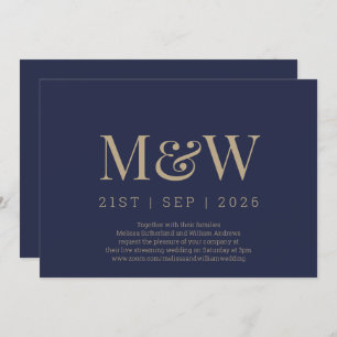 Invitation Mariage de monogramme d'or Virtual Modern Navy