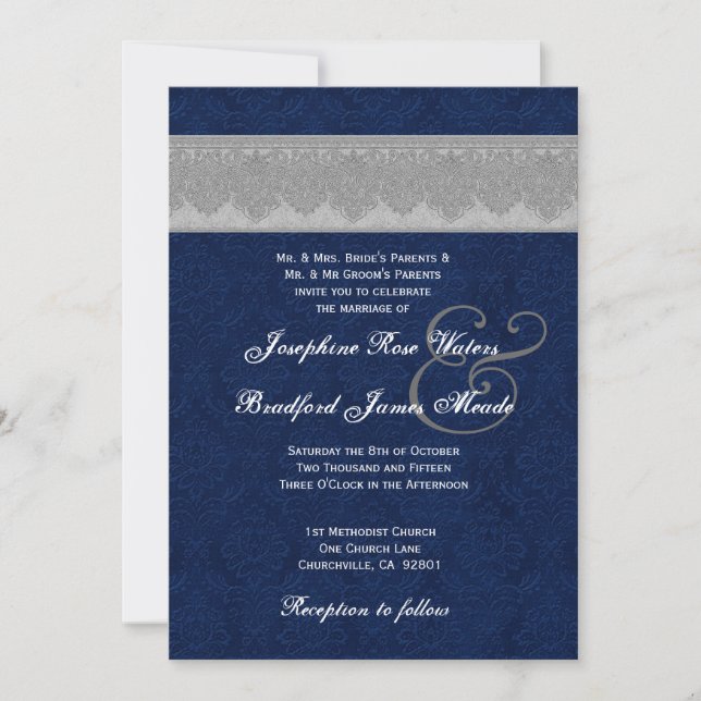 Invitation Mariage de monogramme du ruban Damas d'argent et d (Devant)