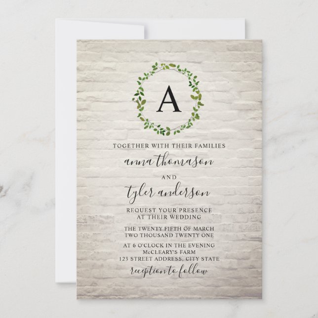 Invitation Mariage de monogramme en briques blanches (Devant)