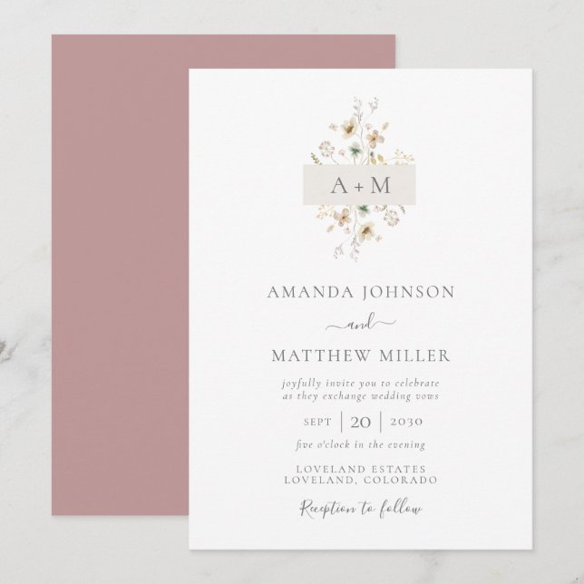 Invitation Mariage de monogramme floral d'aquarelle mauve min (Devant / Derrière)