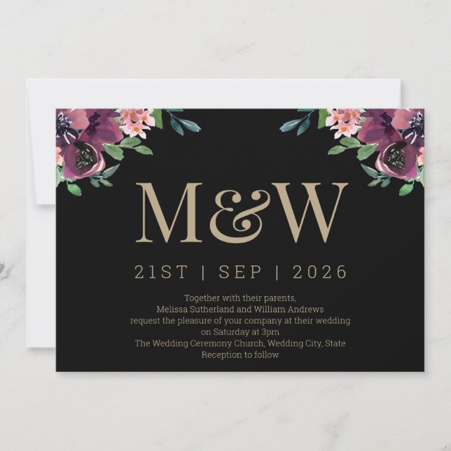 Invitation Mariage de Monogramme Floral d'or de Bourgogne mod (Devant)