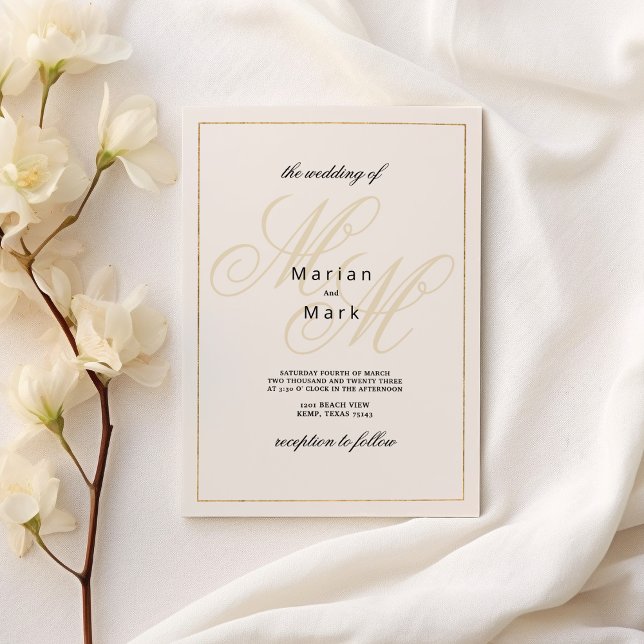 Invitation Mariage de monogramme géométrique en ivoire (Geometrical ivory gold monogram initials Wedding )