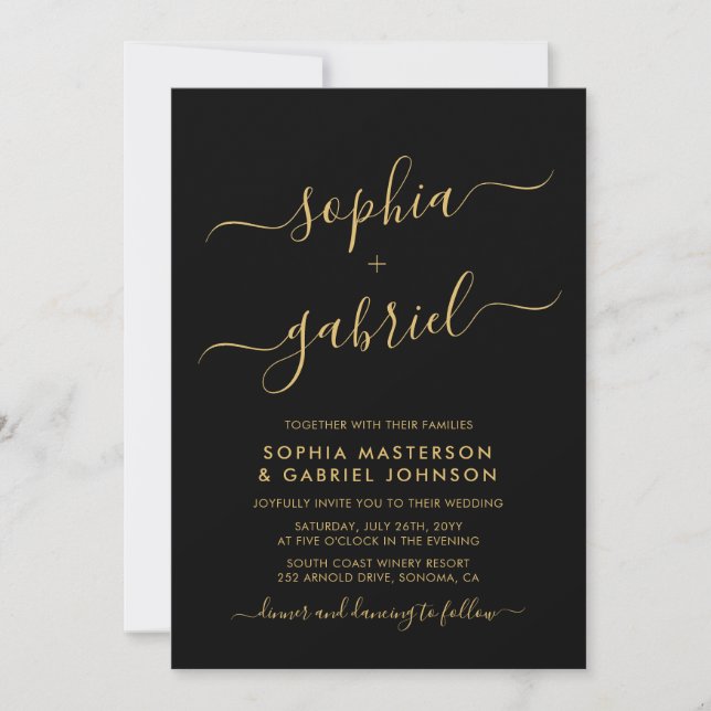 Invitation Mariage de Monogramme moderne noir et or (Devant)