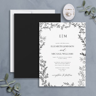 Invitation Mariage de monogramme noir blanc à feuilles minime