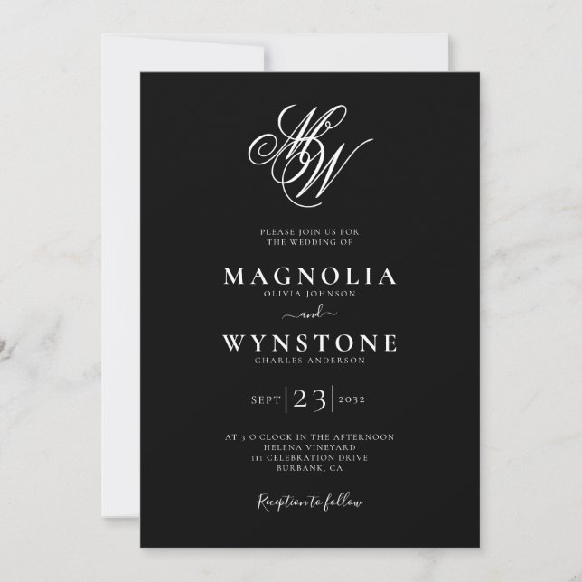 Invitation Mariage de monogramme noir blanc élégant (Devant)
