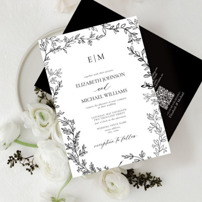Invitation Mariage de monogramme noir blanc noir QR Code feui (Créateur téléchargé)