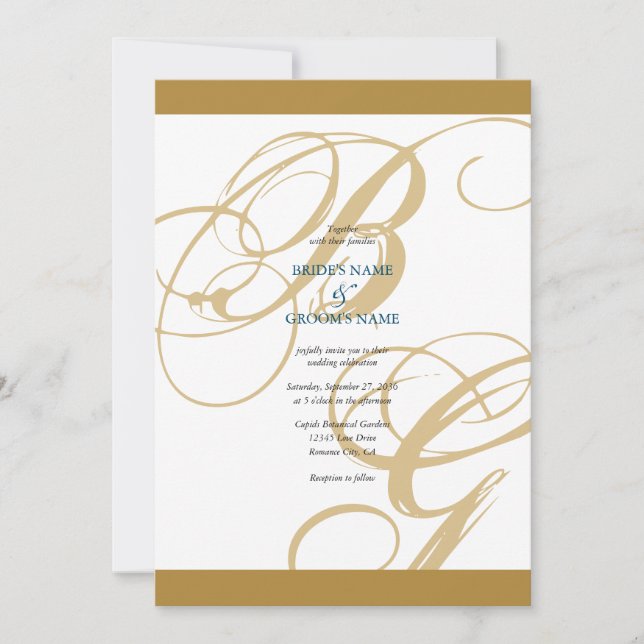 Invitation Mariage de monogramme or Blue Elegant (Devant)