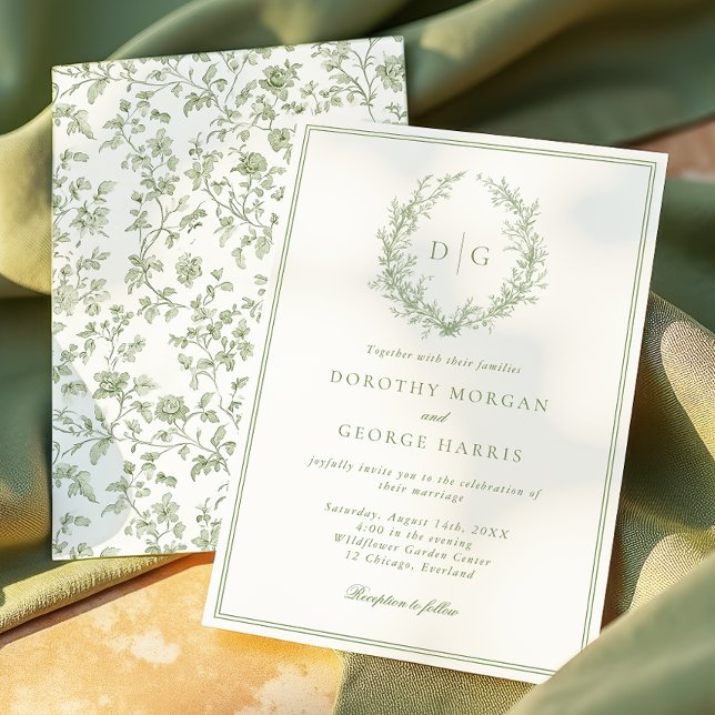Invitation Mariage de monogramme vert de l'aire de crête offi (Créateur téléchargé)