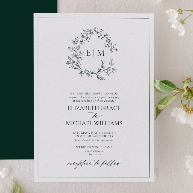 Invitation Mariage de monogramme vert émeraude (Créateur téléchargé)