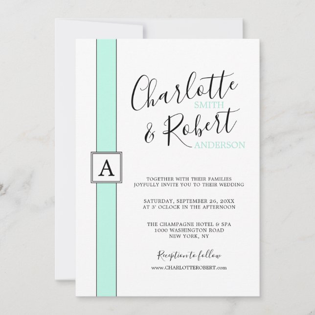 Invitation Mariage de Monogramme vert Neo Mint moderne (Devant)