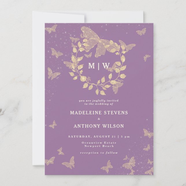 Invitation Mariage de monogrammes d'or violet de couronne pap (Devant)