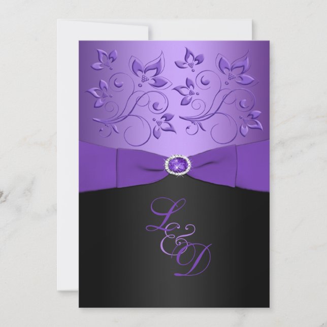 Invitation Mariage de monogrammes floraux mauves et noirs (Devant)
