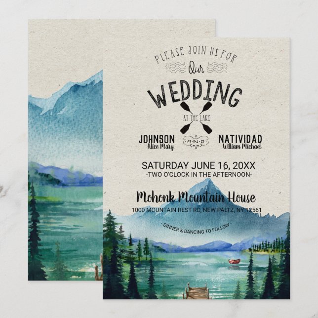 Invitation Mariage de montagne rustique au bord du lac (Devant / Derrière)