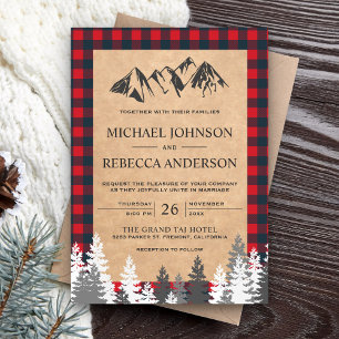Invitation Mariage de montagne rustique Kraft rouge à carreau