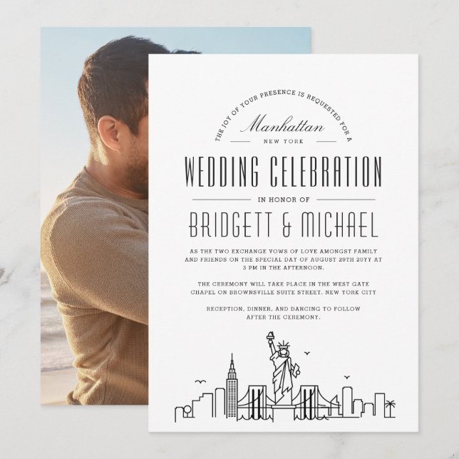 Invitation Mariage de New York | Ligne Skyline Ville Déco Mod (Devant / Derrière)