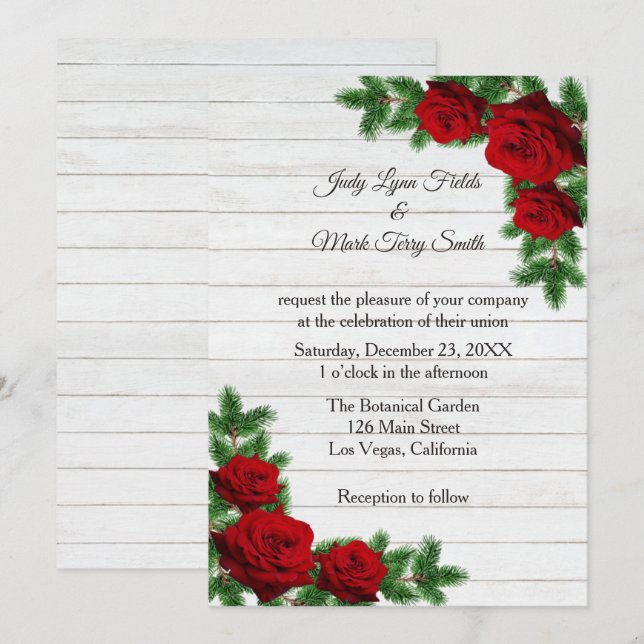 Invitation Mariage de Noël de la branche des roses rouges et  (Devant / Derrière)