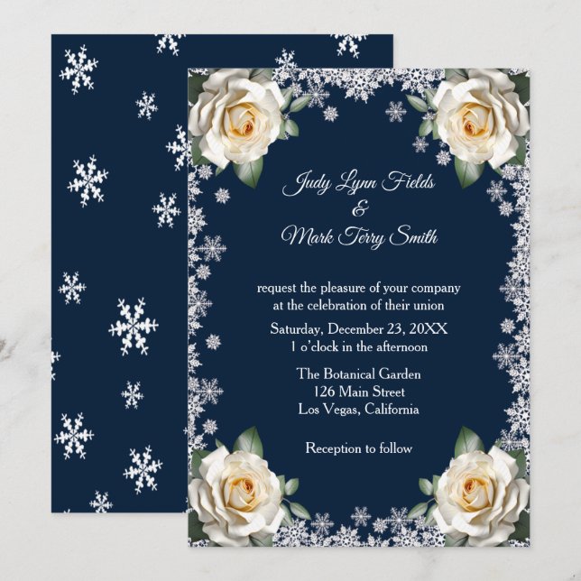 Invitation Mariage de Noël des Flammes de neige Roses blanche (Devant / Derrière)