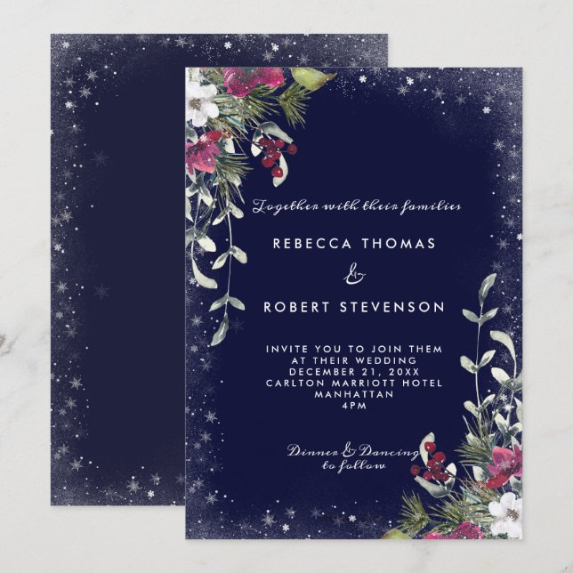 Invitation mariage de Noël des flores d'hiver de la marine (Devant / Derrière)