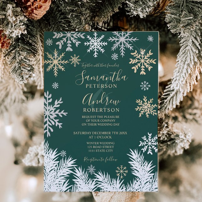 Invitation Mariage de Noël d'hiver de pin à neige moderne (Modern snowflake pine winter Christmas wedding green Invitation)