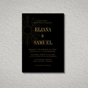 Invitation Mariage de Noël élégant flocon de neige noir et or