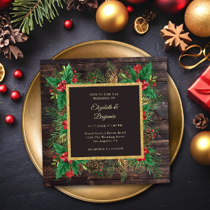 Invitation Mariage de Noël en Bois Noir Or Rustique avec Verd