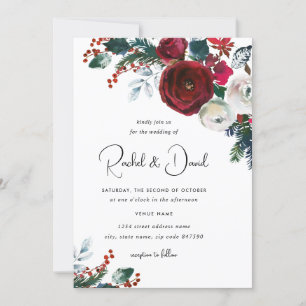 Invitation Mariage de Noël Fleurie Rouge Bourgogne