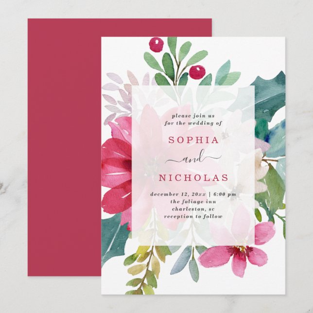 Invitation Mariage de Noël | Floral brillant (Devant / Derrière)