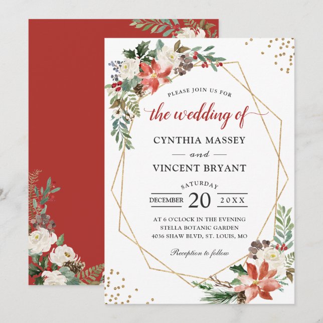 Invitation Mariage de Noël géométrique Poinsettia Floral Gold (Devant / Derrière)