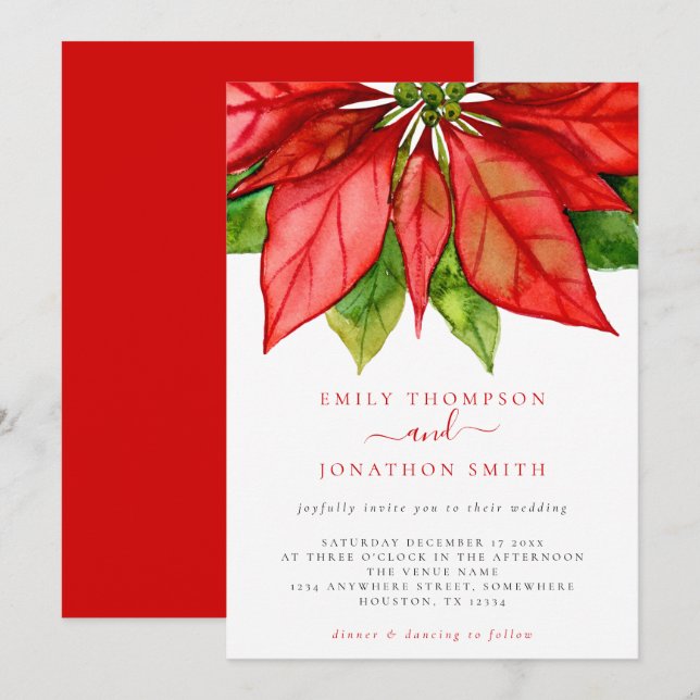 Invitation Mariage de Noël Grand Rouge Poinsettia (Devant / Derrière)