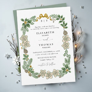 Invitation Mariage de Noël Hiver Botanique Sage Vert Or