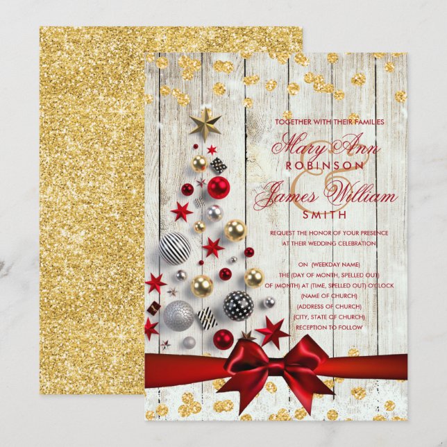 Invitation Mariage de Noël russe Parties scintillant d'or Bau (Devant / Derrière)