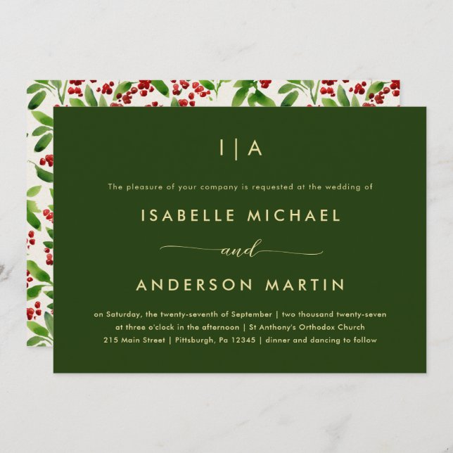 Invitation Mariage de Noël rustique Vert (Devant / Derrière)